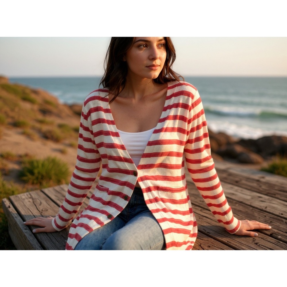 Lucky Brand Red White Striped Cardigan nautical beach coastal casual preppy knit